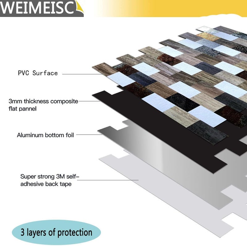 weimeisc 10 pcs Peel and Stick Tile Backsplash,Metal Subway Tile Stick on Kitchen Wall Bathroom(12"x10.9" (Wooden+Printing) - Image 4